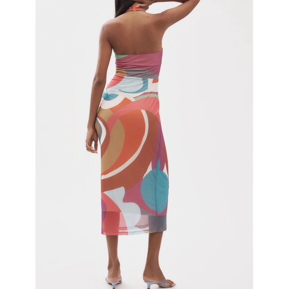 Anthropologie Square-Neck Halter Midi Dress Size M Petite Pink Pattern - Picture 2 of 9